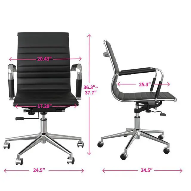 Alt view image 3 of 7 - Ribbed PU Leather Executive Office Chair, Mid Back, Black | Ergonomic Swivel Chair With Adjustable Height & Tilt, Chrome Base, For Home Office Use, Conference Room & Hotel Use