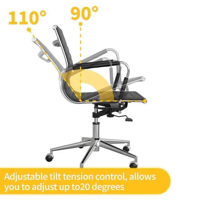 Alt view image 5 of 7 - Ribbed PU Leather Executive Office Chair, Mid Back, Black | Ergonomic Swivel Chair With Adjustable Height & Tilt, Chrome Base, For Home Office Use, Conference Room & Hotel Use