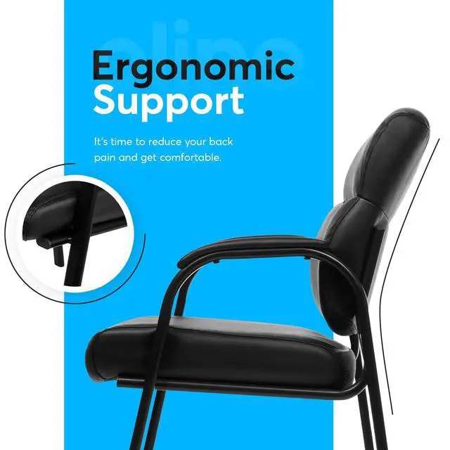 Alt view image 5 of 7 - Leather Guest Chair with Padded Arms, Reception Meeting Conference Waiting Room Lobby Home Desk Big and Tall Executive Office Chair, Black (1 Pack)