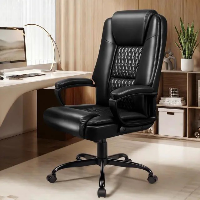 Alt view image 2 of 7 - Executive Office Chair, High Back Ergonomic Desk Chair with Lumbar Support, Adjustable Big and Tall Computer Chair, 360° Swivel, PU Leather, Black