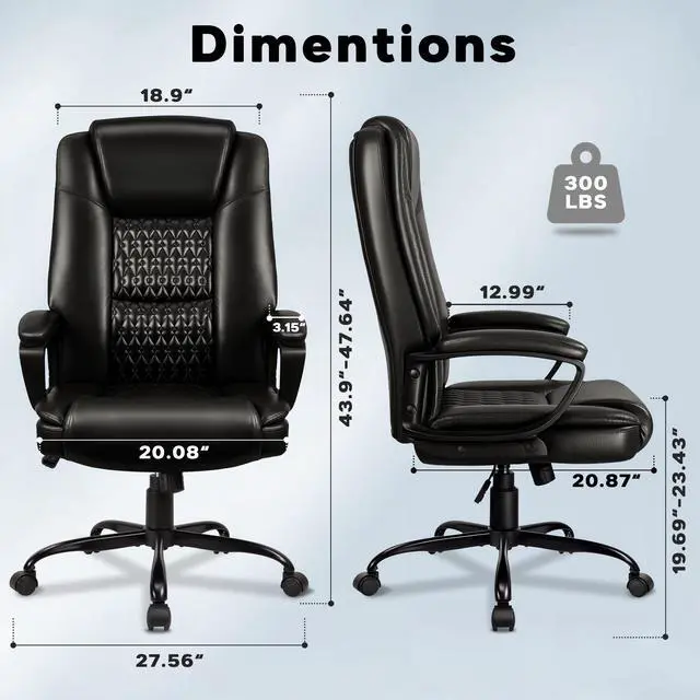 Alt view image 3 of 7 - Executive Office Chair, High Back Ergonomic Desk Chair with Lumbar Support, Adjustable Big and Tall Computer Chair, 360° Swivel, PU Leather, Black