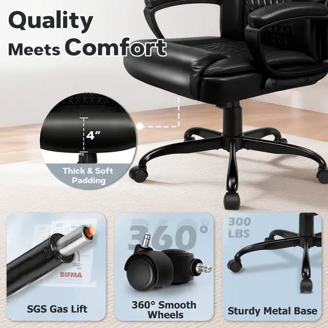 Alt view image 4 of 7 - Executive Office Chair, High Back Ergonomic Desk Chair with Lumbar Support, Adjustable Big and Tall Computer Chair, 360° Swivel, PU Leather, Black