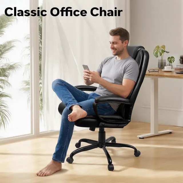 Alt view image 5 of 7 - Executive Office Chair, High Back Ergonomic Desk Chair with Lumbar Support, Adjustable Big and Tall Computer Chair, 360° Swivel, PU Leather, Black