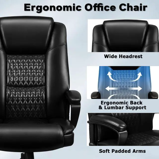 Alt view image 6 of 7 - Executive Office Chair, High Back Ergonomic Desk Chair with Lumbar Support, Adjustable Big and Tall Computer Chair, 360° Swivel, PU Leather, Black
