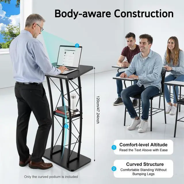 Alt view image 3 of 7 - Curved Podium Stand, Metal Black Pulpit Lectern for Speeches Churches, 47inch Portable Pulpit Podium with Cup Holder and Book Stopper for Schools Meeting Rooms Wedding Concert