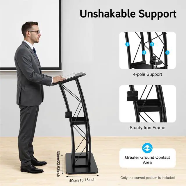Alt view image 4 of 7 - Curved Podium Stand, Metal Black Pulpit Lectern for Speeches Churches, 47inch Portable Pulpit Podium with Cup Holder and Book Stopper for Schools Meeting Rooms Wedding Concert