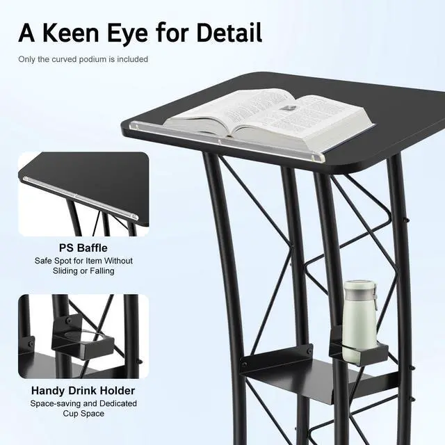 Alt view image 6 of 7 - Curved Podium Stand, Metal Black Pulpit Lectern for Speeches Churches, 47inch Portable Pulpit Podium with Cup Holder and Book Stopper for Schools Meeting Rooms Wedding Concert