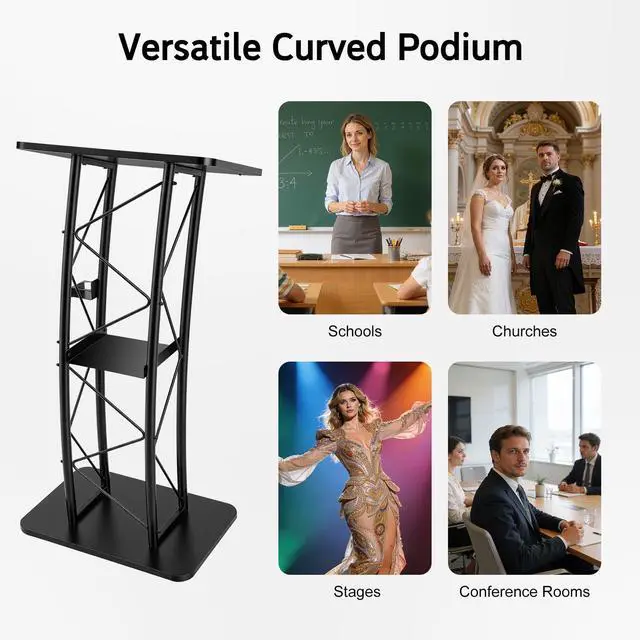 Alt view image 7 of 7 - Curved Podium Stand, Metal Black Pulpit Lectern for Speeches Churches, 47inch Portable Pulpit Podium with Cup Holder and Book Stopper for Schools Meeting Rooms Wedding Concert
