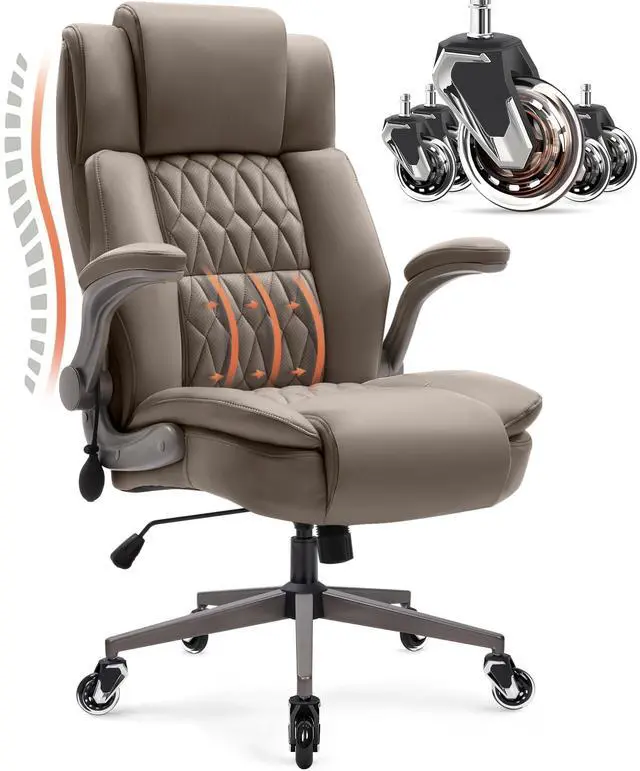 Main image of Large High Back Office Chair - Adjustable Lumbar Support Flip Up Arms Heavy Duty Quiet Wheels Metal Base Breathable Bonded Leather Ergonomic Executive Computer Desk Chair with Storage Bags, Khaki