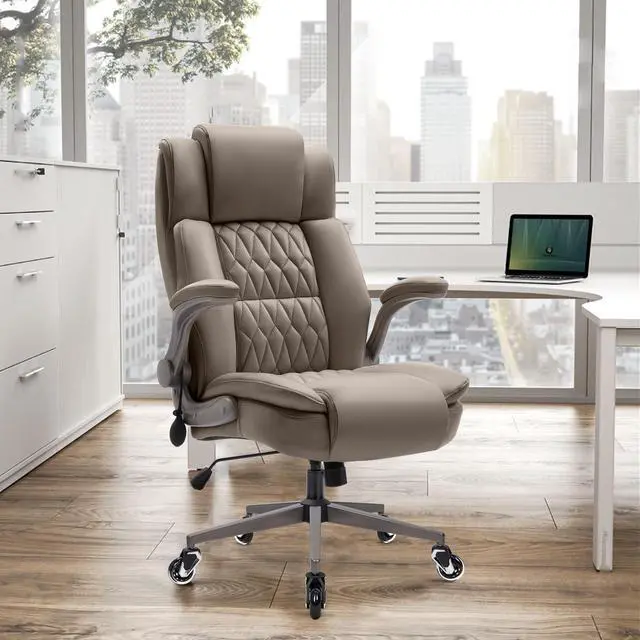 Alt view image 2 of 7 - Large High Back Office Chair - Adjustable Lumbar Support Flip Up Arms Heavy Duty Quiet Wheels Metal Base Breathable Bonded Leather Ergonomic Executive Computer Desk Chair with Storage Bags, Khaki