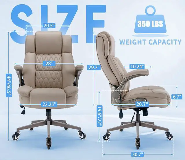 Alt view image 3 of 7 - Large High Back Office Chair - Adjustable Lumbar Support Flip Up Arms Heavy Duty Quiet Wheels Metal Base Breathable Bonded Leather Ergonomic Executive Computer Desk Chair with Storage Bags, Khaki