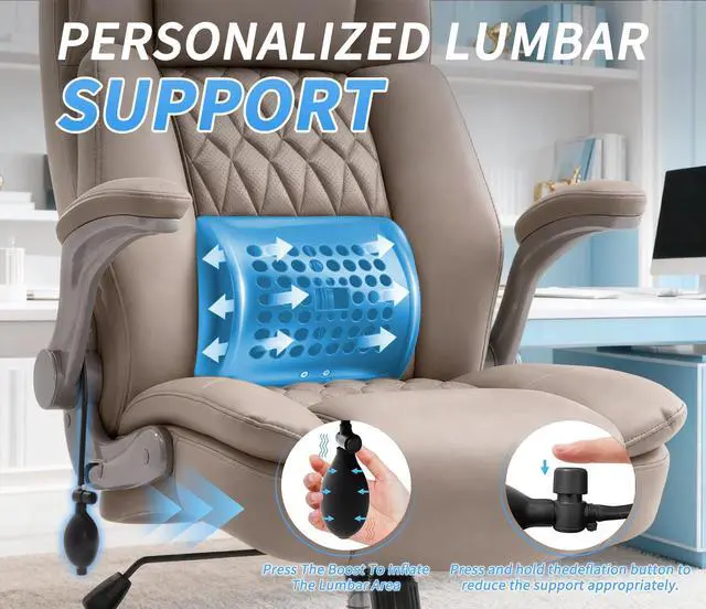 Alt view image 5 of 7 - Large High Back Office Chair - Adjustable Lumbar Support Flip Up Arms Heavy Duty Quiet Wheels Metal Base Breathable Bonded Leather Ergonomic Executive Computer Desk Chair with Storage Bags, Khaki