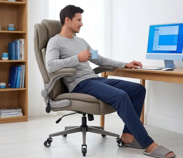 Alt view image 4 of 7 - Large High Back Office Chair - Adjustable Lumbar Support Flip Up Arms Heavy Duty Quiet Wheels Metal Base Breathable Bonded Leather Ergonomic Executive Computer Desk Chair with Storage Bags, Khaki