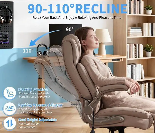 Alt view image 6 of 7 - Large High Back Office Chair - Adjustable Lumbar Support Flip Up Arms Heavy Duty Quiet Wheels Metal Base Breathable Bonded Leather Ergonomic Executive Computer Desk Chair with Storage Bags, Khaki