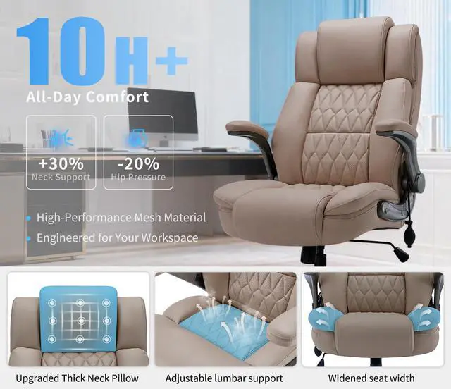 Alt view image 7 of 7 - Large High Back Office Chair - Adjustable Lumbar Support Flip Up Arms Heavy Duty Quiet Wheels Metal Base Breathable Bonded Leather Ergonomic Executive Computer Desk Chair with Storage Bags, Khaki