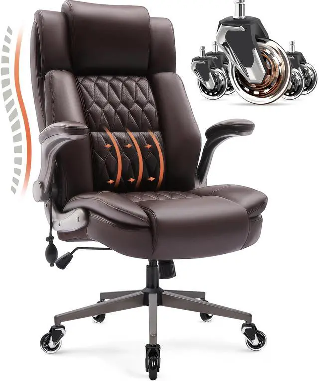 Main image of Large High Back Office Chair - Adjustable Lumbar Support Flip Up Arms Heavy Duty Quiet Wheels Metal Base Breathable Bonded Leather Ergonomic Executive Computer Desk Chair with Storage Bags, Brown