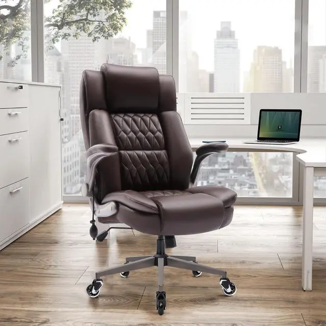 Alt view image 2 of 7 - Large High Back Office Chair - Adjustable Lumbar Support Flip Up Arms Heavy Duty Quiet Wheels Metal Base Breathable Bonded Leather Ergonomic Executive Computer Desk Chair with Storage Bags, Brown