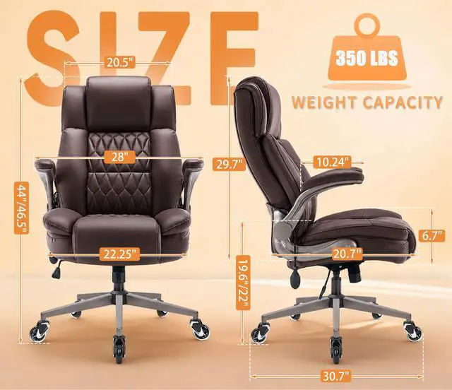 Alt view image 3 of 7 - Large High Back Office Chair - Adjustable Lumbar Support Flip Up Arms Heavy Duty Quiet Wheels Metal Base Breathable Bonded Leather Ergonomic Executive Computer Desk Chair with Storage Bags, Brown