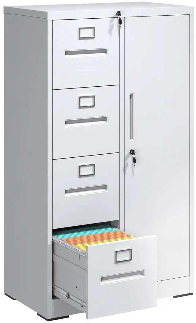 Main image of 4 Drawer File Cabinet with Shelves and Hanging Rod, Metal Filing Cabinet with Lock for Home Office, File Storage Drawers for Legal/Letter Size Folders, Assembly Required (White)