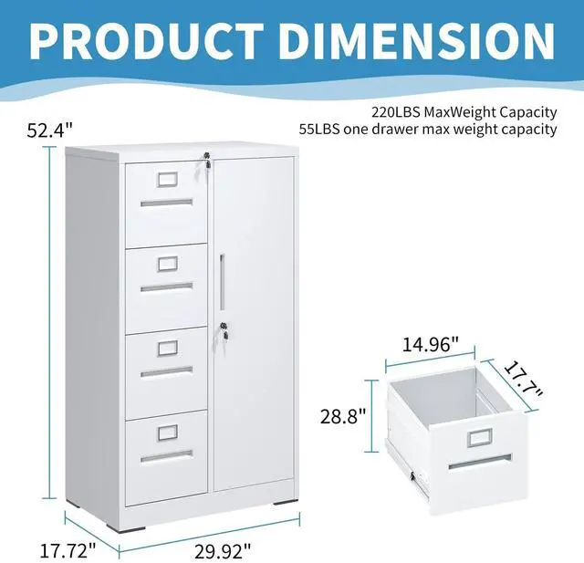 Alt view image 2 of 6 - 4 Drawer File Cabinet with Shelves and Hanging Rod, Metal Filing Cabinet with Lock for Home Office, File Storage Drawers for Legal/Letter Size Folders, Assembly Required (White)