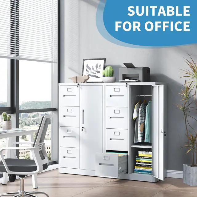 Alt view image 3 of 6 - 4 Drawer File Cabinet with Shelves and Hanging Rod, Metal Filing Cabinet with Lock for Home Office, File Storage Drawers for Legal/Letter Size Folders, Assembly Required (White)