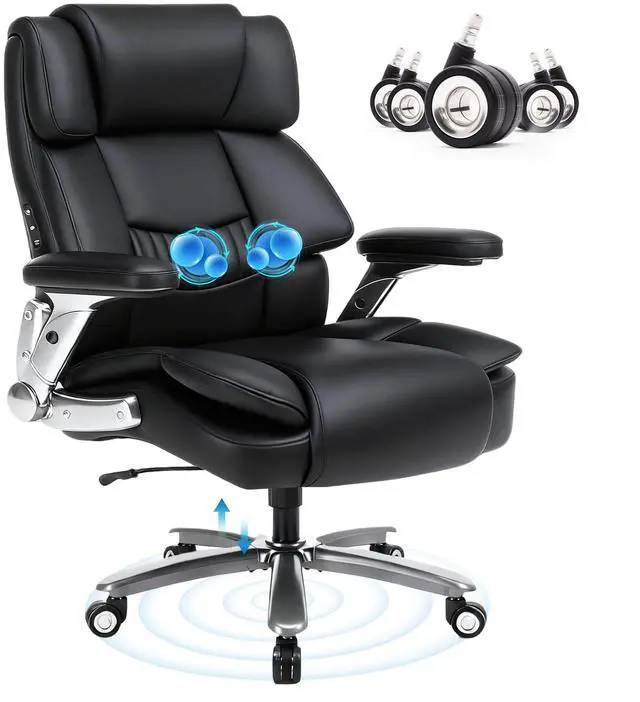 Main image of Heavy Duty Desk Chair with 3D Kneading Massage, Big and Tall Office Chair with Ergonomic Support, 3D Armrests, 5 Quiet Dual Rubber Wheel, Thick Pocket Spring Cushion(Black, PU)