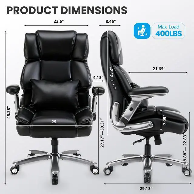 Alt view image 2 of 7 - Heavy Duty Desk Chair with 3D Kneading Massage, Big and Tall Office Chair with Ergonomic Support, 3D Armrests, 5 Quiet Dual Rubber Wheel, Thick Pocket Spring Cushion(Black, PU)