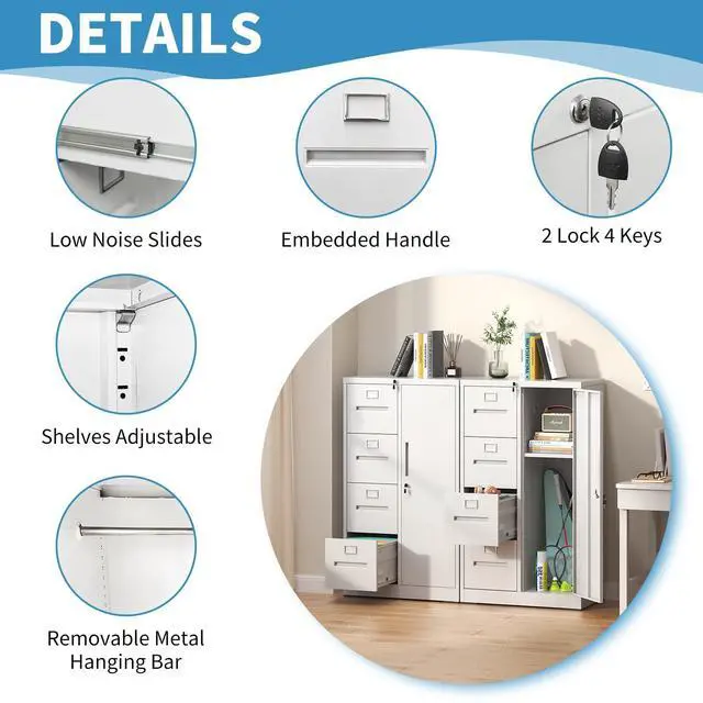 Alt view image 6 of 6 - 4 Drawer File Cabinet with Shelves and Hanging Rod, Metal Filing Cabinet with Lock for Home Office, File Storage Drawers for Legal/Letter Size Folders, Assembly Required (White)