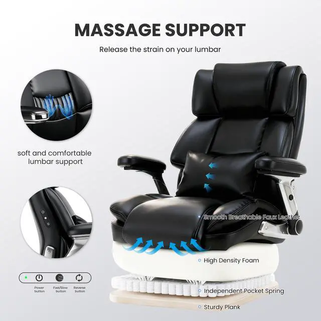 Alt view image 3 of 7 - Heavy Duty Desk Chair with 3D Kneading Massage, Big and Tall Office Chair with Ergonomic Support, 3D Armrests, 5 Quiet Dual Rubber Wheel, Thick Pocket Spring Cushion(Black, PU)
