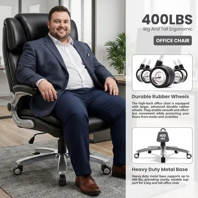 Alt view image 5 of 7 - Heavy Duty Desk Chair with 3D Kneading Massage, Big and Tall Office Chair with Ergonomic Support, 3D Armrests, 5 Quiet Dual Rubber Wheel, Thick Pocket Spring Cushion(Black, PU)