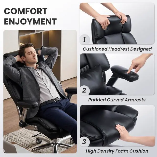 Alt view image 7 of 7 - Heavy Duty Desk Chair with 3D Kneading Massage, Big and Tall Office Chair with Ergonomic Support, 3D Armrests, 5 Quiet Dual Rubber Wheel, Thick Pocket Spring Cushion(Black, PU)
