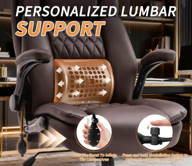 Alt view image 4 of 7 - Large High Back Office Chair - Adjustable Lumbar Support Flip Up Arms Heavy Duty Quiet Wheels Metal Base Breathable Bonded Leather Ergonomic Executive Computer Desk Chair with Storage Bags, Brown