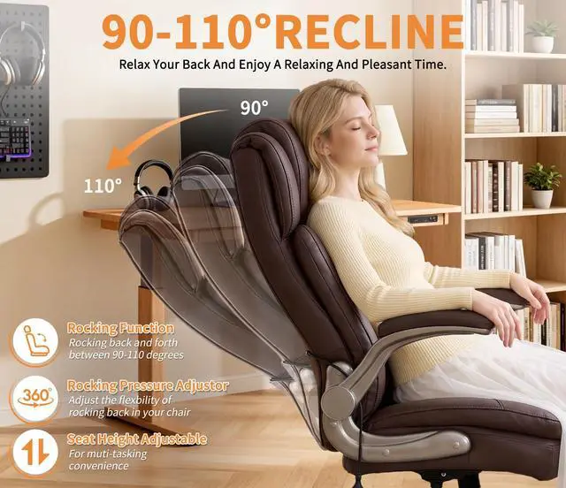 Alt view image 5 of 7 - Large High Back Office Chair - Adjustable Lumbar Support Flip Up Arms Heavy Duty Quiet Wheels Metal Base Breathable Bonded Leather Ergonomic Executive Computer Desk Chair with Storage Bags, Brown