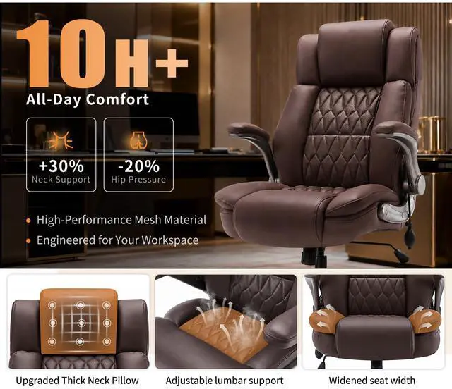 Alt view image 6 of 7 - Large High Back Office Chair - Adjustable Lumbar Support Flip Up Arms Heavy Duty Quiet Wheels Metal Base Breathable Bonded Leather Ergonomic Executive Computer Desk Chair with Storage Bags, Brown