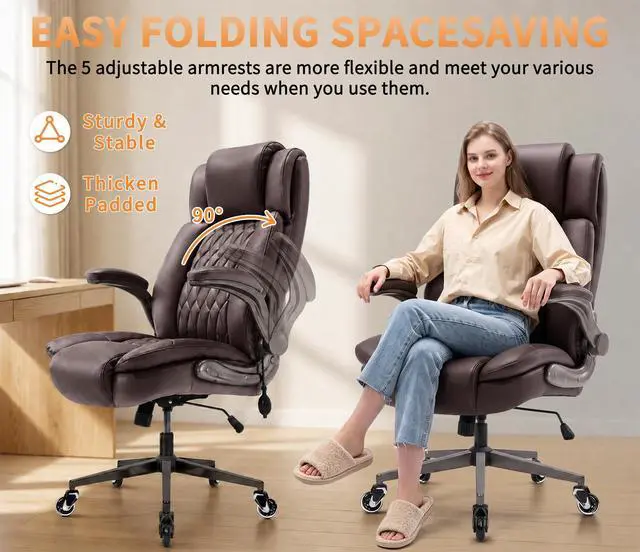 Alt view image 7 of 7 - Large High Back Office Chair - Adjustable Lumbar Support Flip Up Arms Heavy Duty Quiet Wheels Metal Base Breathable Bonded Leather Ergonomic Executive Computer Desk Chair with Storage Bags, Brown