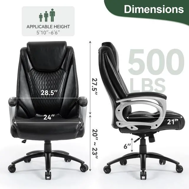 Alt view image 2 of 7 - 500lbs Big and Tall Office Chair, Heavy Duty High Back Executive Desk Chair, Adjustable Height 360° Swivel Computer Chair for Home Office Work (Black)
