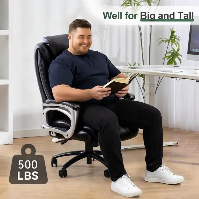 Alt view image 3 of 7 - 500lbs Big and Tall Office Chair, Heavy Duty High Back Executive Desk Chair, Adjustable Height 360° Swivel Computer Chair for Home Office Work (Black)