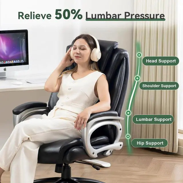 Alt view image 4 of 7 - 500lbs Big and Tall Office Chair, Heavy Duty High Back Executive Desk Chair, Adjustable Height 360° Swivel Computer Chair for Home Office Work (Black)