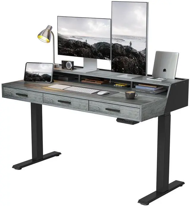 Main image of 55x26 Inches Standing Desk with 3 Wooden Drawers and Monitor Shelf, Height Adjustable Computer Desk, Ergonomic Rising Home Office Desks, Sit Stand Up Electric Workstation Table, Rustic Grey