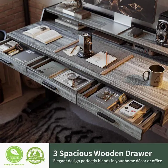 Alt view image 5 of 7 - 55x26 Inches Standing Desk with 3 Wooden Drawers and Monitor Shelf, Height Adjustable Computer Desk, Ergonomic Rising Home Office Desks, Sit Stand Up Electric Workstation Table, Rustic Grey