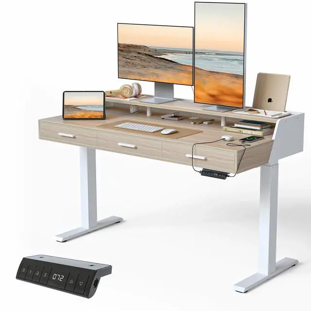 Main image of 55x26 Inches Standing Desk with 3 Wooden Drawers and Monitor Shelf, Height Adjustable Computer Desk, Ergonomic Rising Home Office Desks, Sit Stand Up Electric Workstation Table, Light Walnut