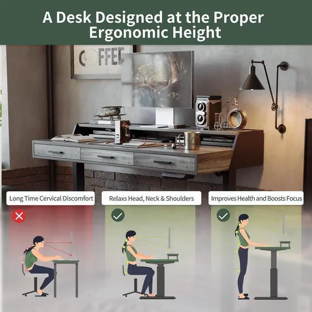 Alt view image 7 of 7 - 55x26 Inches Standing Desk with 3 Wooden Drawers and Monitor Shelf, Height Adjustable Computer Desk, Ergonomic Rising Home Office Desks, Sit Stand Up Electric Workstation Table, Rustic Grey