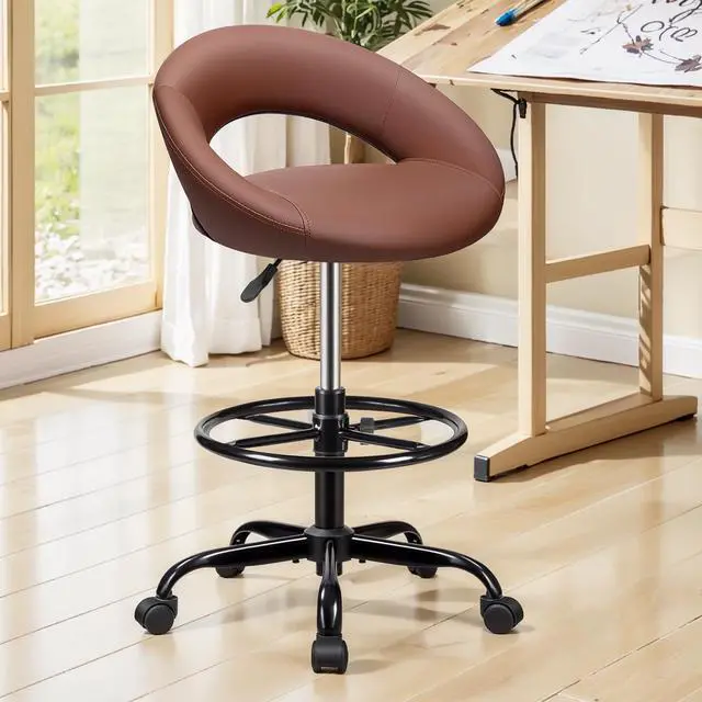 Alt view image 2 of 7 - Drafting Chair with Footrest, Height Adjustable Rolling Shop Stool | Tall 360° Swivel Bar Stool with Backrest, PU Leather Chair with Casters for Standing Desk, Home Office Kitchen Counter, Brown
