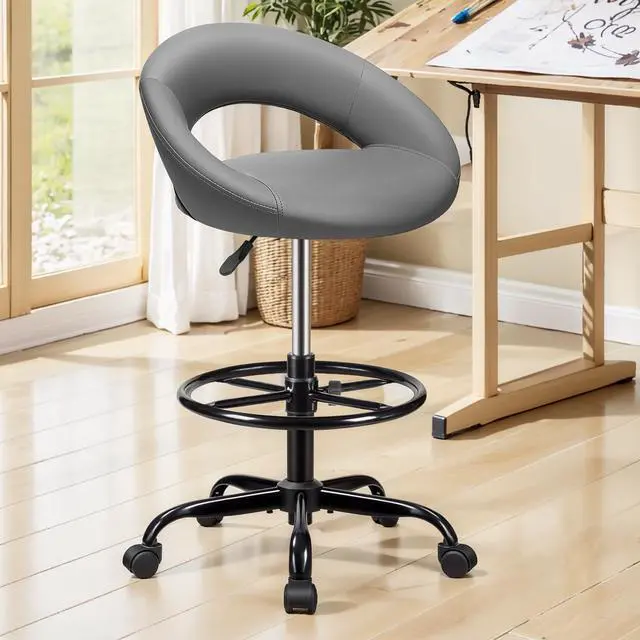 Alt view image 2 of 7 - Drafting Chair for Standing Desk, Height Adjustable Rolling Stool | Barstool with Backrest & Footrest, Tall 360° Swivel PU Leather Shop Stool Chair with Wheels for Office, Counter Height, Gray