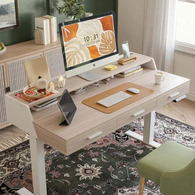 Alt view image 2 of 7 - 48x26 Inches Standing Desk with 3 Wooden Drawers and Monitor Shelf, Height Adjustable Computer Desk, Ergonomic Rising Home Office Desks, Sit Stand Up Electric Workstation Table, Light Walnut