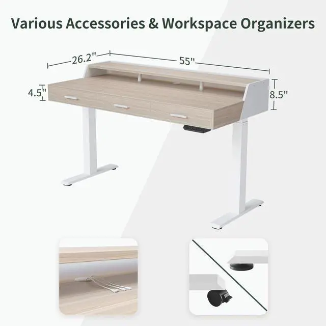 Alt view image 3 of 7 - 55x26 Inches Standing Desk with 3 Wooden Drawers and Monitor Shelf, Height Adjustable Computer Desk, Ergonomic Rising Home Office Desks, Sit Stand Up Electric Workstation Table, Light Walnut
