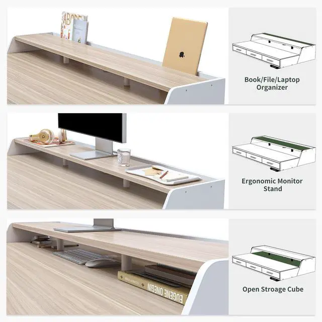 Alt view image 5 of 7 - 48x26 Inches Standing Desk with 3 Wooden Drawers and Monitor Shelf, Height Adjustable Computer Desk, Ergonomic Rising Home Office Desks, Sit Stand Up Electric Workstation Table, Light Walnut
