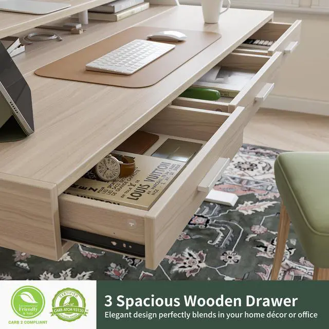Alt view image 4 of 7 - 48x26 Inches Standing Desk with 3 Wooden Drawers and Monitor Shelf, Height Adjustable Computer Desk, Ergonomic Rising Home Office Desks, Sit Stand Up Electric Workstation Table, Light Walnut
