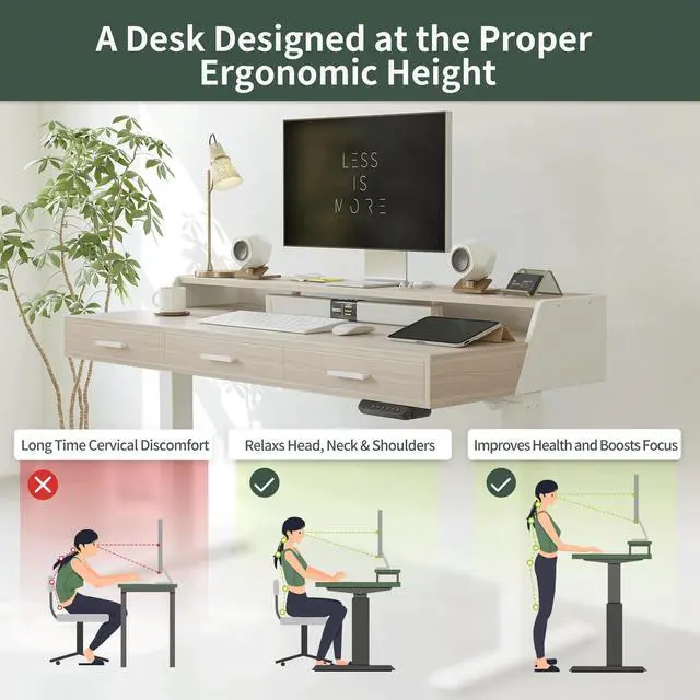 Alt view image 7 of 7 - 48x26 Inches Standing Desk with 3 Wooden Drawers and Monitor Shelf, Height Adjustable Computer Desk, Ergonomic Rising Home Office Desks, Sit Stand Up Electric Workstation Table, Light Walnut