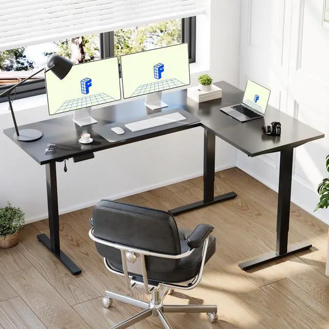 Alt view image 2 of 7 - Electric Height Adjustable Standing L Shaped Corner 3 Legs Ergonomic Sit Stand Desk Frame for Home and Office, Black